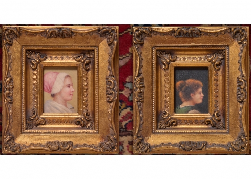 זוג ציורים בסגנון עתיק, שמן על לוח, נתונים במסגרות נאות