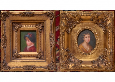 זוג ציורים בסגנון עתיק, שמן על לוח, נתונים במסגרות נאות