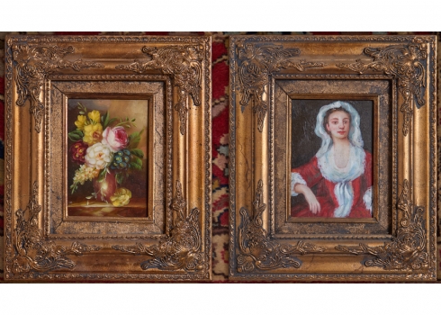 זוג ציורים בסגנון עתיק, שמן על לוח, נתונים במסגרות נאות