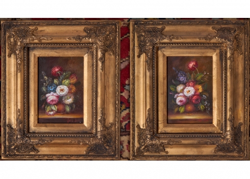 זוג ציורים בסגנון עתיק, שמן על לוח, נתונים במסגרות נאות