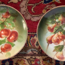 זוג צלחות פורצלן גרמניות מעוטרות ציורי יד של תפוחים ואגסים