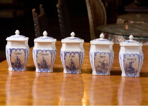 סט של 5 מיכלי תבלינים למטבח עשויים חרס מעוטר בהדפסים כחולים