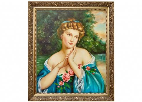 'נערה חולמנית עם פרחים' שמן על בד צרפתי, חתום