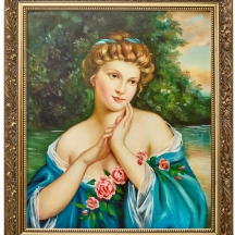 'נערה חולמנית עם פרחים' שמן על בד צרפתי, חתום