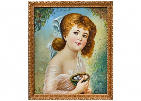 'נערה עם ביצים וקן', שמן על בד צרפתי, חתום