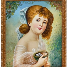 'נערה עם ביצים וקן', שמן על בד צרפתי, חתום