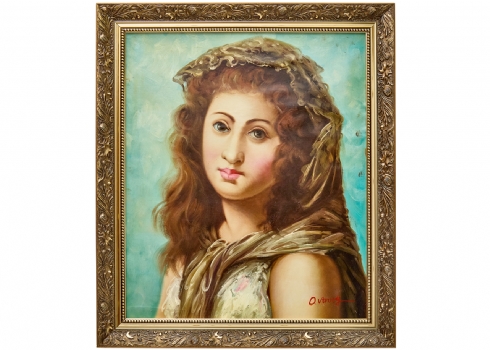 'נערה עם שביס תחרה חום', שמן על בד צרפתי, חתום