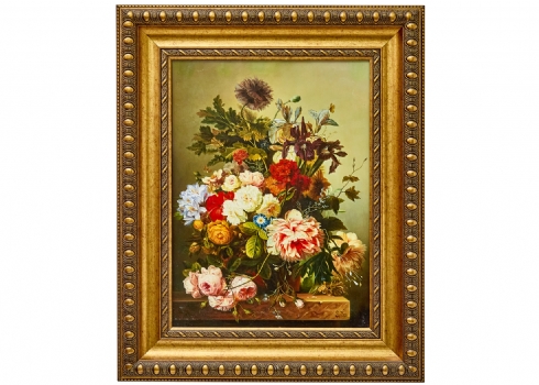 'טבע דומם ואגרטל פרחים על משטח שיש חום', שמן על לוח, חתום