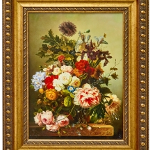 'טבע דומם ואגרטל פרחים על משטח שיש חום', שמן על לוח, חתום