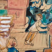 ליאו רוט (Leo Roth) – 'נער מפריח יונים לבנות' – רישום בדיו, אקוורל וגואש על נייר