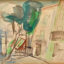 רפאל מוהר (Raphael Mohar) – 'עץ ליד גדר' – רישום ואקוורל על נייר