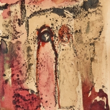 2 דמויות בפתח בית אקוורל על נייר, חתום ומתוארך 1967