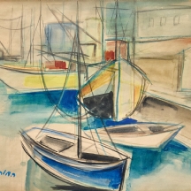 רפאל מוהר (Raphael Mohar) – 'סירות בנמל תל אביב' – רישום ואקוורל על נייר, חתום