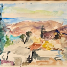 עליזה נהור (Aliza Nahor) – 'בתים בזכרון יעקב לצד ברוש' – אקוורל על נייר, חתום