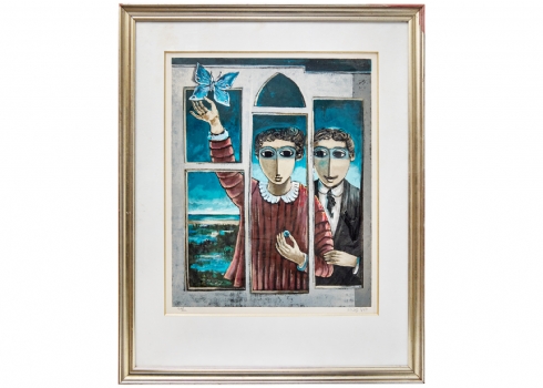 יוסל ברגנר (Yosl Bergner) – 'דמויות בחלון יפואי עם פרפר כחול' – ליטוגרפיה גדולה