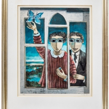 יוסל ברגנר (Yosl Bergner) – 'דמויות בחלון יפואי עם פרפר כחול' – ליטוגרפיה גדולה