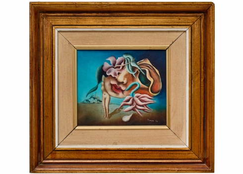 רחל טימור - 'אישה בנוף סוריאליסטי', שמן על בד צרפתי חתום ומתוארך 1974