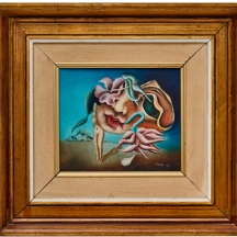 רחל טימור - 'אישה בנוף סוריאליסטי', שמן על בד צרפתי חתום ומתוארך 1974