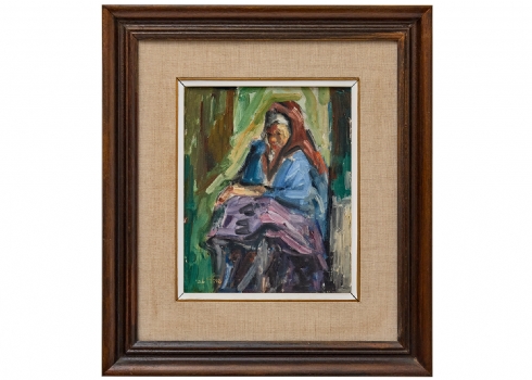 אבי שוורץ, אישה זקנה מכוסה שמיכה סגולה, שמן על בד צרפתי חתום