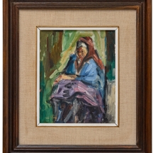 אבי שוורץ, אישה זקנה מכוסה שמיכה סגולה, שמן על בד צרפתי חתום