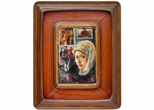 גרטי רובינשטיין - 'אישה בשביס לבן במוזאון', שמן על בד צרפתי, חתום