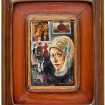 גרטי רובינשטיין - 'אישה בשביס לבן במוזאון', שמן על בד צרפתי, חתום