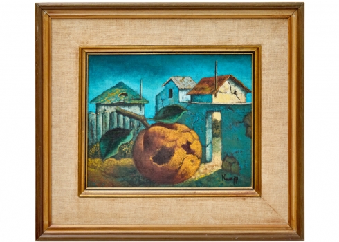 זאב קון - 'תפוז ליד בתים סדוקים', שמן על בד חתום