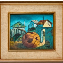 זאב קון - 'תפוז ליד בתים סדוקים', שמן על בד חתום