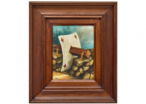 ורגון (Vargon) - 'קלף משופד על קורת עץ בנוף סוריאליסטי', שמן על בד צרפתי, חתום