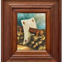 ורגון (Vargon) - 'קלף משופד על קורת עץ בנוף סוריאליסטי', שמן על בד צרפתי, חתום