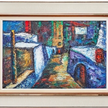 בלנקה טאובר (Blanka Tauber) – 'בתים בצפת' – שמן על לוח, חתום ומתוארך: 1971