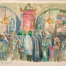 משה ברנשטיין (Moshe Bernstein) – 'מתפללים בבית כנסת' – ליטוגרפיה
