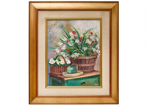 הדי קון (Heddy Kun) – 'פרחים וסלי נצרים על שידה ירוקה' – שמן על בד, חתום