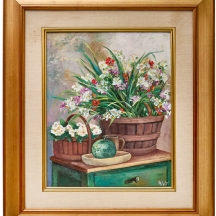 הדי קון (Heddy Kun) – 'פרחים וסלי נצרים על שידה ירוקה' – שמן על בד, חתום