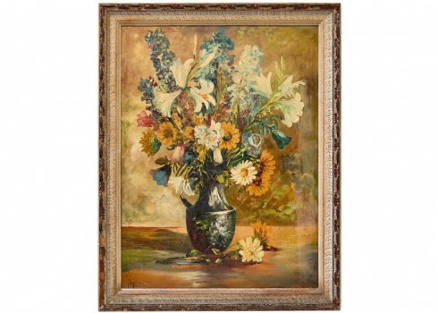 קובץ' - 'פרחים באגרטל על רקע צהוב', שמן על בד חתום