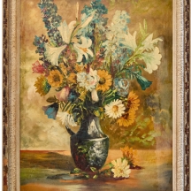 קובץ' - 'פרחים באגרטל על רקע צהוב', שמן על בד חתום