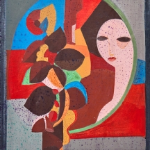 שמעון אבישר- אישה ורודה ועציץ, שמן על בד חתום