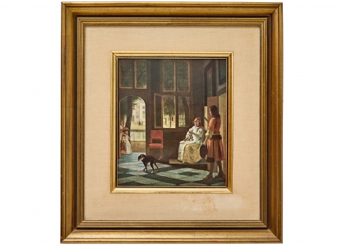 הדפס על לוח על פי ציור מופת בשם "איש מוסר מכתב לאישה באולם הכניסה של בית"