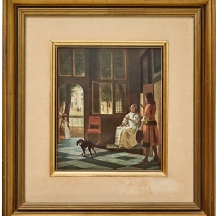 הדפס על לוח על פי ציור מופת בשם "איש מוסר מכתב לאישה באולם הכניסה של בית"