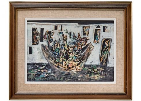 יוסל ברגנר (Yosl Bergner) - שמן על נייר מוצמד לבד, לא חתום