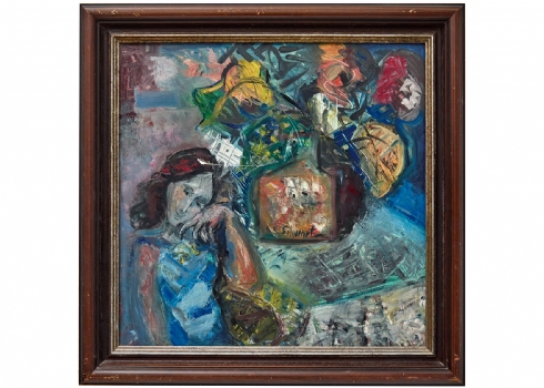 שלמה שוורץ (Shlomo Shwartz) - 'אישה חולמנית בכחול', שמן על בד, חתום