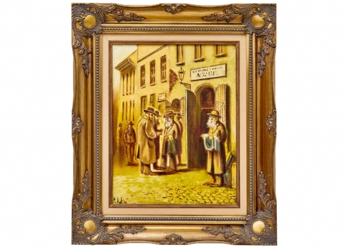 'יהודים בפתח בניין'- שמן על בד, חתום