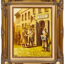 'יהודים בפתח בניין'- שמן על בד, חתום