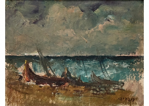 שמואל עובדיהו (Shmuel Ovadiahu) – 'סירות על חוף תל אביב' – שמן על בד, חתום