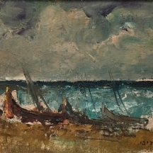 שמואל עובדיהו (Shmuel Ovadiahu) – 'סירות על חוף תל אביב' – שמן על בד, חתום