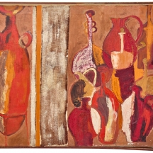 דבורה בלום (Dvora Blum) – 'טבע דומם עם כדים' – שמן על בד בשילוב פסי בד (קולאז')