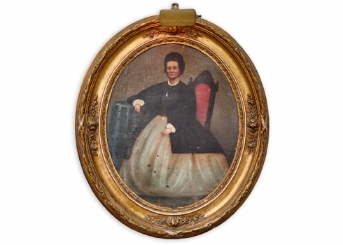 'אצילה עם שעון כיס יושבת על כיסא שחור' - ציור עתיק מהמאה ה-19