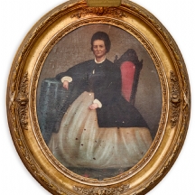 'אצילה עם שעון כיס יושבת על כיסא שחור' - ציור עתיק מהמאה ה-19