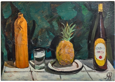 אנה זילברמן (Anna Zilberman, 1935-2000)  'טבע דומם עם אננס ובקבוק יין'