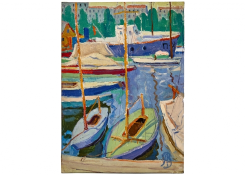 אנה זילברמן (Anna Zilberman, 1935-2000)  'סירה ירוקה לצד סירה כחולה במעגן'